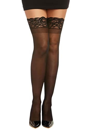 Dreamgirl Womens Pantyhose, Hosiery, Nylons, Stockings With Comfort Lace Top Anti-slip Silicone Elastic Band Sheer Thigh Socks, Black