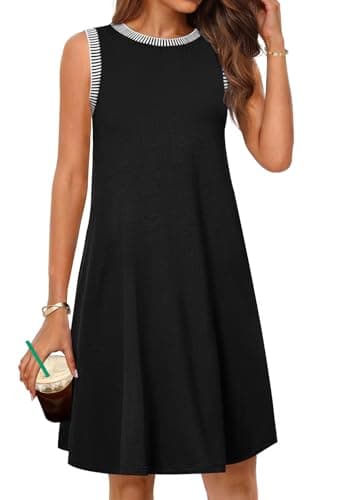 MEROKEETY Women's 2025 Summer Casual Sundress Beach Vacation Sleeveless Tank Crewneck Coverup Mini Dresses, Black, Large
