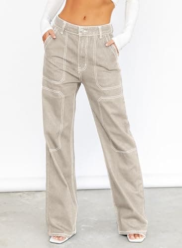 Dokotoo Womens Casual High Waisted Cargo Jeans for Women Wide Leg Boyfriend Denim Pants Apricot Size 8 thumbnail 2