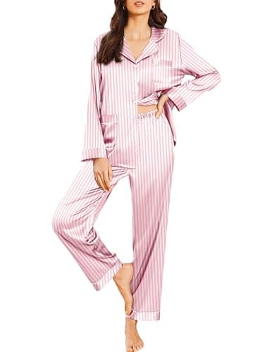 Ekouaer Silk Pajamas for Women Classic Button Down Satin Pajama Sets Long Sleeve Lounge Set