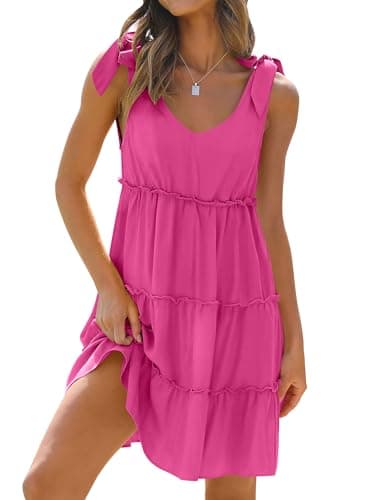 Caracilia Women 2025 Summer Beach Vacation Dress Sleeveless V Neck Tie Shoulder Flowy Casual Cute Mini Sundress with Pockets Hot Pink Small