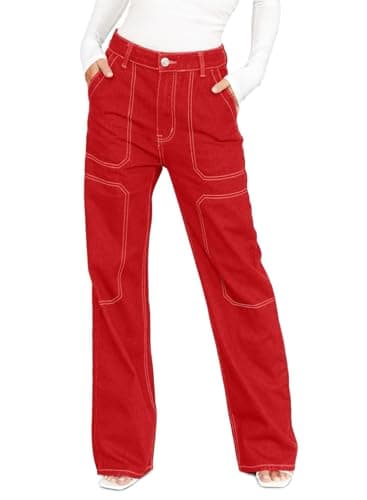 Dokotoo Womens Casual Mid Waist Cargo Jeans for Women Straight Wide Leg Denim Pants Red Size 6