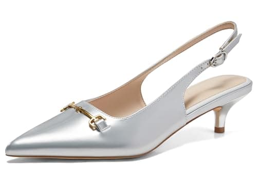 Coutgo Womens Slingback Kitten Heels Low Heel Dress Shoes Closed Pointed Toe Metal Chain Office Work Pumps, Silver, Size 9