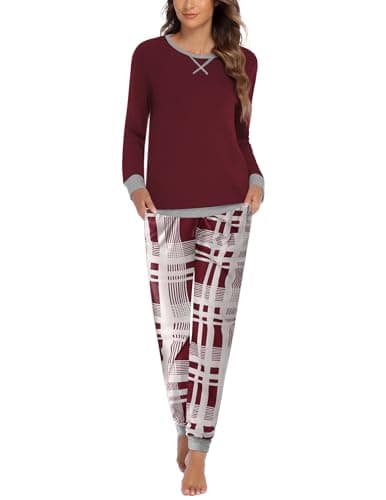 Ekouaer Women's Winter Pj's With Elastic Around The Ankle Long Sleeve Crew Neck Pajama Set With Pockets Red Plaid,Large