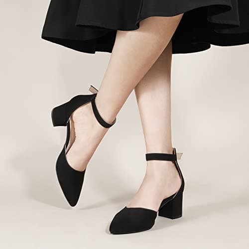Ankis Closed Toe Heels for Women -Black Pointed Toe Heels Low Block Chunky Women Pumps with Ankle Strap -2.25 Inch thumbnail 2