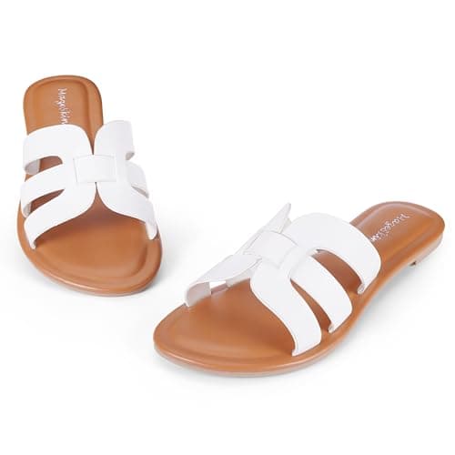 mazeskin Womens H-Band Flat Sandals Summer Comfortable Dressy Slide Beach Sandals,White US10