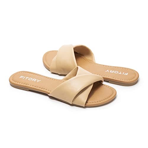 FITORY Women's Flat Sandals Fashion Slides With Soft Leather Slippers for Summer Size 9 thumbnail 4