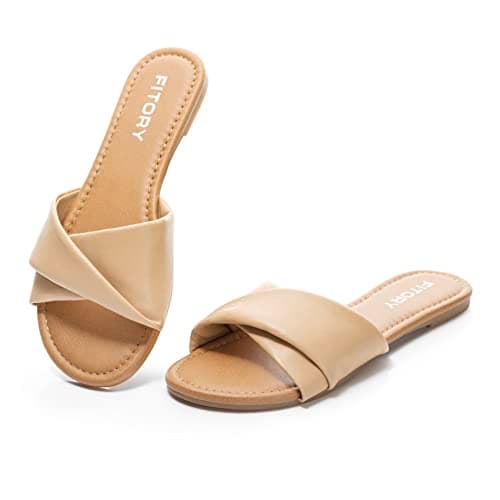 FITORY Women's Flat Sandals Fashion Slides With Soft Leather Slippers for Summer Size 9
