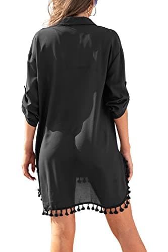Yincro Women Swimsuit Cover Up Shirt 2025 Tassel Beach Bathing Suit for Swimwear Bikini Dress(Black, L) thumbnail 3