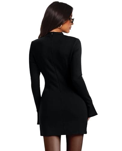 OFEEFAN Women Fall Clothes Long Sleeve Slim Fit Dress Little Black Mock Neck Flare Sleeve Dress L thumbnail 4