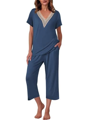 Ekouaer Women's Pajamas Set Short Sleeve Lace V Neck Sleepwear Top Capri Pants Pjs Sets Soft Loungewear,Navy,Medium