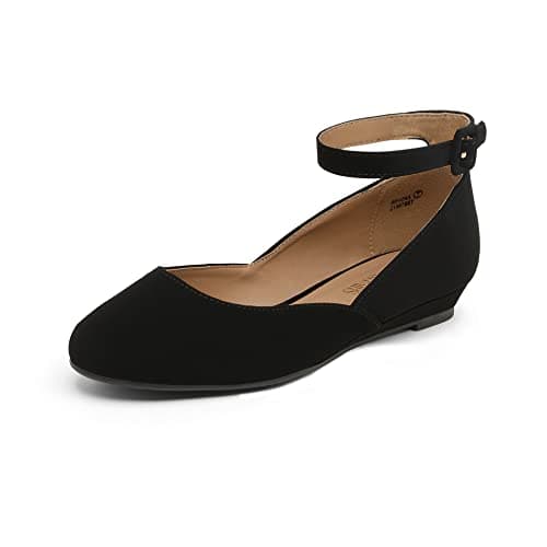 DREAM PAIRS Women's Dress Flats Ballet Low Wedge Round Toe Ankle Strap Comfortable Casual Flats Shoes,Size 9,Black/Nubuck,REVONA