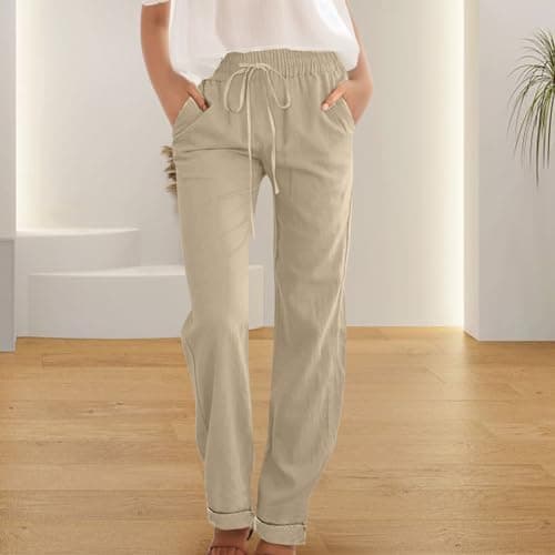 Overstock Outlet Clearance Items Log in Cotton Linen Pants for Women 2025 Summer Plus Size Elastic High Waisted Drawstring Straight Leg Pants Boho Beach Y2k Casual Loose Lightweight Trousers thumbnail 2