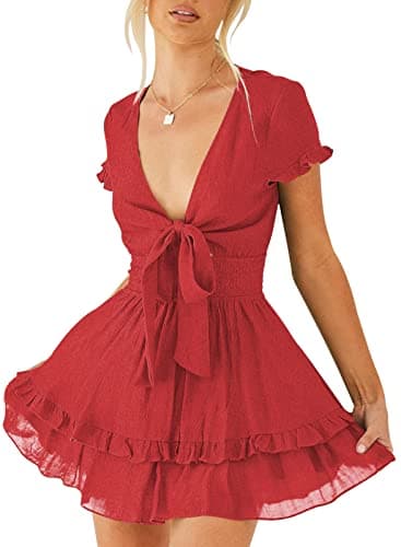 miduo Womens Dress Summer Deep V Neck Self Tied Smocked Waist Short Sleeve Ruffle Party Beach Mini Dresses Red XL