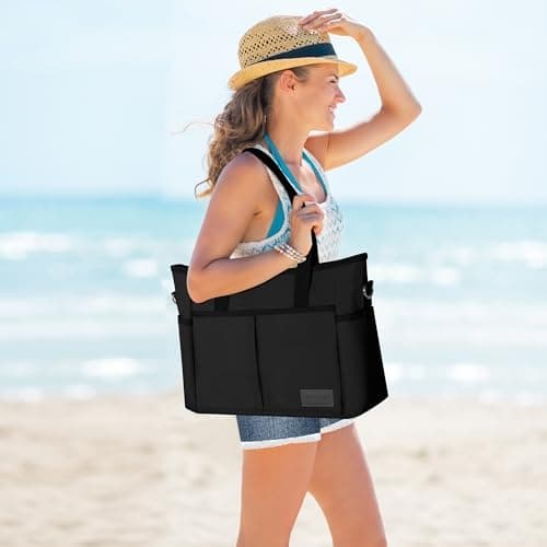 MIYCOO Beach Bag, Tote Bag for Women with Trolley Sleeve Large Canvas Tote Bag Waterproof Sandproof for Travel Work Gym Black thumbnail 3