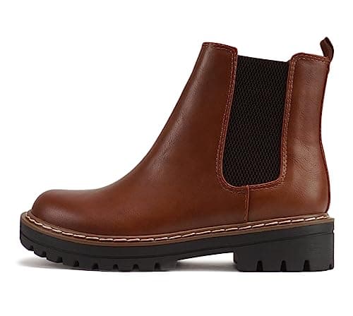 Soda Pilot ~ Women Lug Sole Low Heel Chelsea Fashion Ankle Bootie w/Double Elastic Gore (Tan/Brown Welt PU, us_footwear_size_system, adult, women, numeric, medium, numeric_8_point_5)