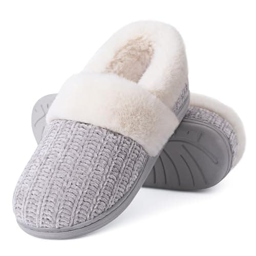 Evshine Women's Fuzzy Memory Foam Slippers, Closed Back Knit Bedroom Slippers, Slip-On Warm House Shoes for Indoor &amp; Outdoor Comfort, Grey, 38-39 (Size 7-8)