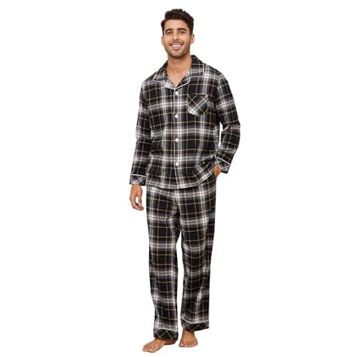 Vulcanodon Men's 100% Cotton Flannel Pajama Sets, Soft Plaid PJS Long Sleeve Sleepwear 2 Piece Button Down Lounge Set(A-Black Yellow Plaid,L)