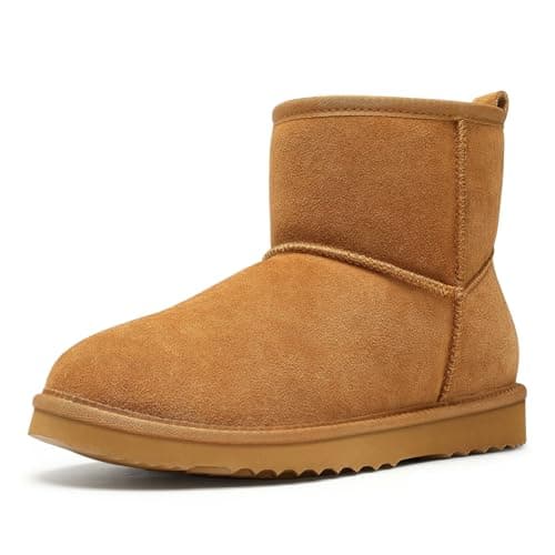 Litfun Genuine Suede Mini Boots for Women Winter Warm Fuzzy Boots Comfort Snow Boots with Fur Lined, Chestnut 39