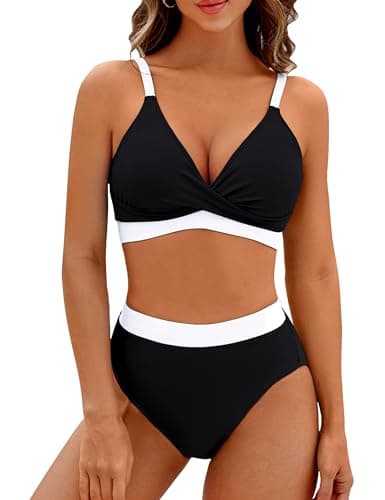 BMJL Women's High Waisted Bikini Sets V Neck Two Piece Swimsuit Color Block Twist Front Bathing Suits(M,Black)