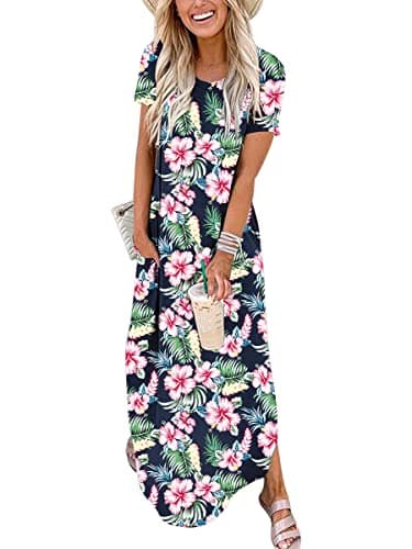 ANRABESS Womens Summer Maxi Dress Short Sleeve Casual Loose Long T Shirt Dresses Split Vacation Beach Sundress Travel Outfits Floral Print Large