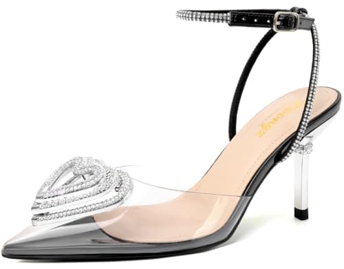RIBONGZ Women's Clear High Heels Black Pumps Rhinestone Heart Pointed Toe Strappy Stiletto Kitten Heels Sexy Ankle Strap Low Heels Prom Bridal Party Work Dress Shoes 8.5