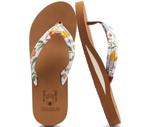 KuaiLu Womens Yoga Mat Flip Flops Comfortable Arch Support Ladies Summer Beach Pool Cushion Walking Thong Sandals Orthotic Slip on Outdoor Slides Travel Essentials Outfits Slippers Shoes Beige Size 8