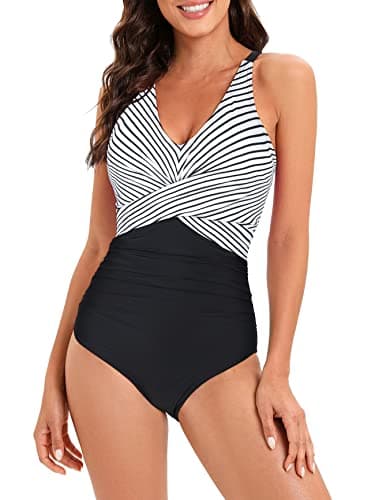 One Piece Bathing Suit for Women Front Cross Athletic Tummy Control Swimsuits V Neck Slimming Swimwear Black White Stripes M