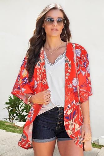 Summer Kimono Cardigan for Women Sheer Boho Tops Casual Open Front Swimwear Shirts Beach Cover ups (Boho Red,M) thumbnail 2