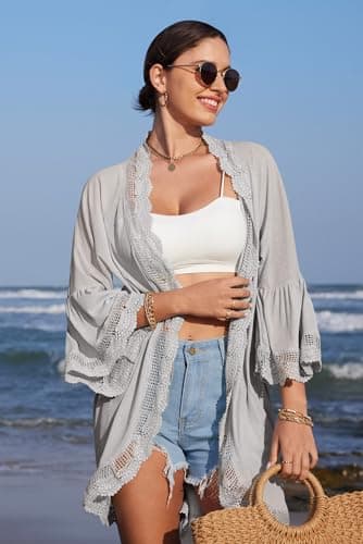 Spadehill Summer Women's Bell Sleeve Chiffon Kimono Cover Up Dressy Light Weight Lace Cardigan Pale Grey XL thumbnail 3