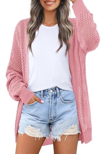 MEROKEETY Women's 2025 Beach Swim Cover Up Summer Oversized Kimono Lightweight Crochet Long Sleeve Cardigan Sweater, Pink, Large