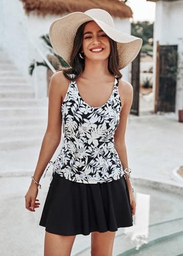 Kate Kasin Tankini Swimsuits for Women Two Piece Bathing Suits with Skirt Tummy Control Modest Drawstring Ruched Swimdress Black Floral thumbnail 3