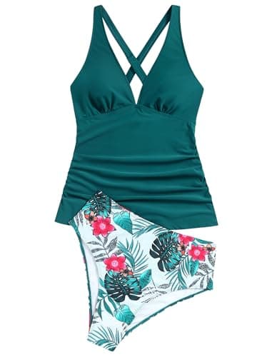 ZAFUL Women's Tankini Swimsuits V Neck Tummy Control Two Piece Bathing Suit Cross Back High Waisted Bikini (2-Peacock Green, M), Medium thumbnail 3
