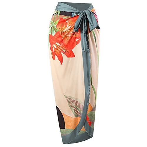 ODOLDI Women's Floral Swimsuit with Sarong Cover Up Wrap Skirt, Tummy Control Swimsuit, Bathing Suits Cover Up Outfit, Apricot Floral, S, Polyester+Spandex thumbnail 4