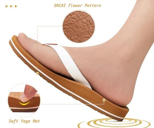 ONCAI Womens Flip Flops Arch Support Yoga Mat Summer Beach Leather Woman Dressy Thong Sandal for Women 2025 with Plantar Fasciitis Walking Ladies Sandal Outdoor Rubber Soles White/Khaki Size 8 thumbnail 4