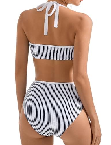 SUUKSESS Women Sexy High Waited Bandeau Bikini Sets Halter High Cut Two Piece Swimsuit Colorblock Push Up Bathing Suit（Navy Blue Black,L thumbnail 3