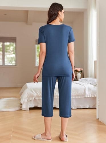 Ekouaer Women's Pajamas Set Short Sleeve Lace V Neck Sleepwear Top Capri Pants Pjs Sets Soft Loungewear,Navy,Medium thumbnail 2