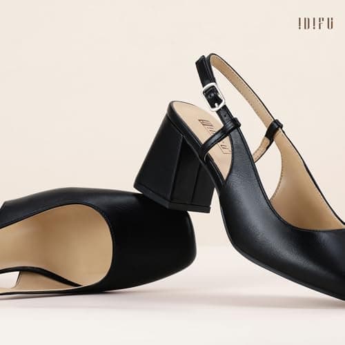 IDIFU Black Heels Closed Toe Women's Pumps Chunky Heels Low Slingback Block Square Toe Short Heels Wedding Bride Prom Office Bridal Dress Shoes for Women Comfortable Cute Pumps Shoes(Black Pu, 9) thumbnail 4