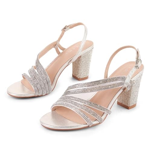 LALA IKAI Women's Strappy Slingback Chunky Heels Black Open Toe Rhinestones Sandals Fashion Dress Shoes thumbnail 3