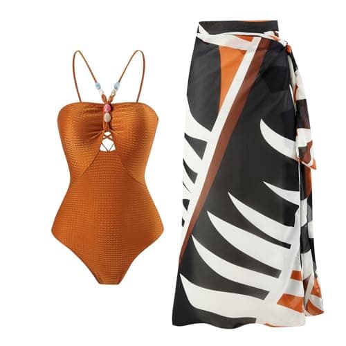 FYMNSI Sexy One Piece Swimsuit for Women 2024 Bathing Suits with Swim Coverups Ruffle Cutout Bikinis Sarong Wraps Skirt Spaghetti Straps Self-Tied Back Swimwear Cover Up Beach Outfits Brown Sets L