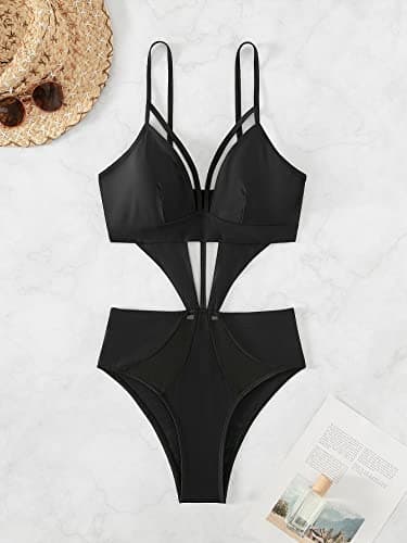 MakeMeChic Women's Cut Out Mesh Insert Strappy One Piece Swimsuit Monokini Swimsuit Black S thumbnail 3