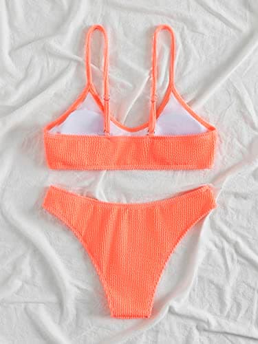SOLY HUX Bikini Sets for Women Solid Textured Bikini Bathing Suits 2 Piece Swimsuit Solid Coral Orange M thumbnail 2
