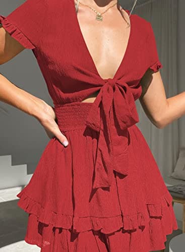 miduo Womens Dress Summer Deep V Neck Self Tied Smocked Waist Short Sleeve Ruffle Party Beach Mini Dresses Red XL thumbnail 2