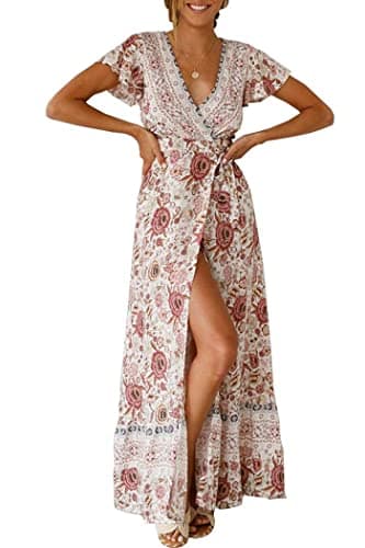 PRETTYGARDEN Women's Casual Long Summer Dresses Boho Floral Wrap V Neck Short Sleeve Split Maxi Beach Dress (White,Large)