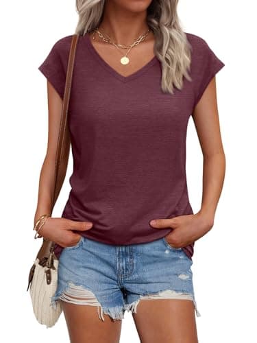 AUTOMET V Neck T Shirts for Women Spring Summer Fall Tops Teacher Work Business Dressy Casual Blouses Basic Tees Boho Fashion WineRed L