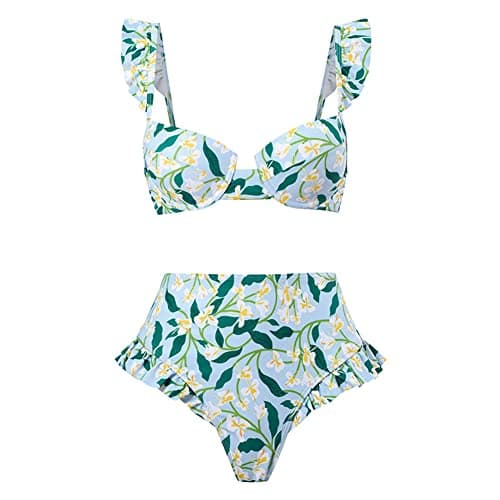 Three Pieces Swimsuits for Women with Matching Sarong Skirt Sleeveless Bra Swim Top High Waist Tummy Control Bikin Bottom Mesh Sheer Cover Ups Push Up Floral Laddies Bathing Suit Blue (3PCS) M thumbnail 2