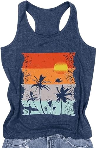 Beach Tank Tops for Women Summer Sunshine Graphic Sleeveless Shirts Palm Tree Tee Hawaiian Vacation Tops(Blue1,XL)