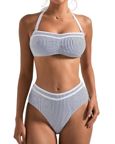 SUUKSESS Women Sexy High Waited Bandeau Bikini Sets Halter High Cut Two Piece Swimsuit Colorblock Push Up Bathing Suit（Navy Blue Black,L