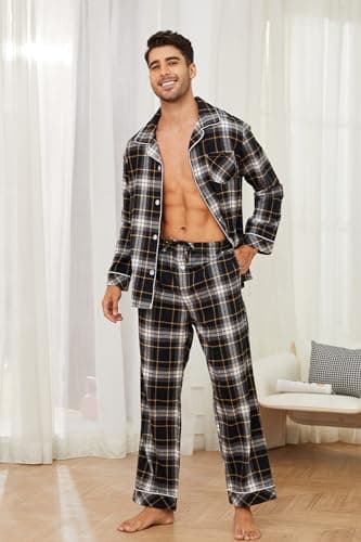 Vulcanodon Men's 100% Cotton Flannel Pajama Sets, Soft Plaid PJS Long Sleeve Sleepwear 2 Piece Button Down Lounge Set(A-Black Yellow Plaid,L) thumbnail 2