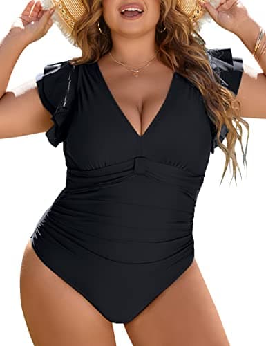 Blooming Jelly Women's Plus Size Swimsuit One Piece Tummy Control Bathing Suit Modest Maternity Full Coverage V Neck Swim Suits (Black,X-Large)